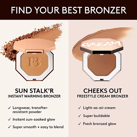 Image 1 - Image showing two bronzer products from Fenty Beauty with their descriptions; on the left, Sun Stalkr Instant Warming Bronzer with features listed as longwear, transfer-resistant powder, instant sun-soaked glow, and super smooth plus easy to blend, and on the right, Cheeks Out Freestyle Cream Bronzer with features listed as light-as-air cream, super buildable, and fresh bronzed glow, with the heading Find Your Best Bronzer at the top.
Image 2 - Image shows several hexagonal compact cases of bronzer with a light tan powder inside, set against a warm, orange background; visible text includes the phrase INSTANT SUN-SOAKED DIMENSION, SUN STALK’R INSTANT WARMTH BRONZER, and features such as Smooth, blendable powder, Soft matte finish, and Light-as-air feel.