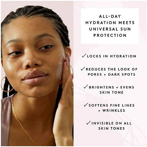 Image 1 - A woman with dark, wavy hair is applying a skincare product to her face, with a list of benefits on the right side that includes locks in hydration, reduces the look of pores and dark spots, brightens and evens skin tone, softens fine lines and wrinkles, and is invisible on all skin tones, with the heading All-Day Hydration Meets Universal Sun Protection.
Image 2 - A light purple skincare product labeled FENTY SKIN is shown alongside a list of ingredients, which include KALAHARI MELON (hydrates), NIACINAMIDE (fights shine + reduces the look of pores and dark spots), HYALURONIC ACID + ALOE (hydrates, soothes + conditions), and BAOBAB (hydrates).
Image 3 - Image shows testimonials about a skincare product with ratings: 100% AGREE IT BRIGHTENS SKIN*, 100% AGREE IT DOESNT PILL UNDER MAKEUP*, and 96% AGREE IT BLENDS INVISIBLY WITH THEIR SKIN TONE*, along with images of diverse women applying the product.
Image 4 - A light purple cylindrical tube of Fenty Skin Hydra Vizor SPF Moisturizer is shown with a dollop of product dripping from the top, accompanied by bulleted features including smooth the look of pores, improve brightness, layer weightlessly under makeup, and refillable; highlighted text notes BESTSELLER and MINERAL with descriptions of invisible chemical sun protection and sheer mineral sun protection.