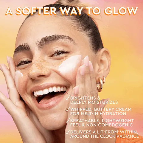 Image 1, Image 1 - A smiling young woman with freckled skin applies a cream to her face, with the text A softer way to glow and product benefits stating it brightens and deeply moisturizes, is a whipped, buttery cream for melt-in hydration, is breathable, lightweight feel & non-comedogenic, and delivers a lit-from-within, around the clock radiance.
Image 2 - A person is holding a jar of Glow Recipe Cloudberry Bright Moisture Cream with a visible cream texture, and the image includes text stating 100% said skin had a radiant glow, and felt nourished and silky soft, 100% agreed skin felt hydrated and moisturized all day, and 97% saw skin was visibly brighter and more radiant, along with a note about the study sample size.
Image 3 - An image of a creamy, whipped texture with a gradient background transitioning from pink to orange, featuring the text Whipped, Buttery Cream, deep, melt-in HYDRATION, and breathable, lightweight FEEL.
Image 4 - A jar of moisturizer with a creamy texture sits against a gradient background, labeled with key ingredients: Cloudberry, Peptide-Lipids, and CoQ10, accompanied by descriptive text about their benefits: Cloudberry brightens while providing deep hydration, Peptide-Lipids intensely replenishes skin to smooth and improve elasticity, and CoQ10 boosts brightening power and strengthens skin.
Image 5 - An orange jar of Glow Recipe Cloudberries Cream sits in the center against a gradient background of orange to purple, with text that reads FROM DAY: Brighten & Wake Up Skin - CoQ10 & Cloudberry boost radiance - Airy, cloud-like cream leaves skin bright, breathable and makeup ready on the left and ...TO NIGHT: Nourish & Strengthen - Peptide-lipids strengthen the skin barrier locking in moisture - Whipped, buttery cream nourishes for deep melt-in hydration on the right.
Image 6 - Image shows a colorful infographic titled THE GENTLE BRIGHTENING DUO featuring two products: CLOUDBERRY with text describing its properties as a gentle alternative to vitamin C that helps brighten and even out skin tone, and CoQ10 highlighting its role in boosting skins brightening power and strengthening the skins barrier, along with a section at the bottom that states they work together to support brightening and cell turnover for a natural glow while fading dark spots.
Image 7 - An illustration promoting the Cloudberry Bright Moisture Cream, featuring visually striking text highlighting the benefits of using refills which generates up to 47% less carbon emissions and 52% less waste compared to a typical single use moisturizer, and stating that refilling saves 87% of carbon emissions and 92% of waste.
Image 8 - Image shows a skincare product display with a bottle of Cloudberry Bright Essence Toner and a jar of Cloudberry Bright Essence Cream, featuring the text YOUR ULTIMATE ROUTINE FOR BRIGHTER SKIN, step descriptions for the toner and cream.