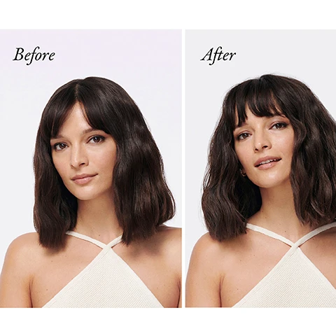 Image 1 - Split image showing a woman with straight hair labeled Before and the same woman with wavy hair labeled After. Image 2 - A womans hair is shown before and after a treatment with smooth hair on the left labeled Before and wavy hair on the right labeled After.