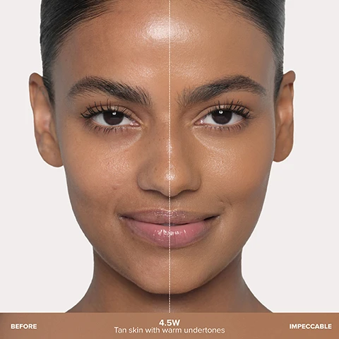 Image 1 - Image of a woman’s face divided in half; the left side shows her natural skin with tan tone and slight imperfections labeled Before, and the right side displays her skin after applying makeup, looking smooth and flawless labeled Impeccable, with visible text 4.5W and Tan skin with warm undertones.
Image 2 - A collage of four images showcasing individuals with varying skin tones and conditions, illustrating the effects of a beauty product focused on skin enhancement; visible text includes BLEND + BLUR TO PERFECTION, INSTANLY MASK IMPERFECTIONS FOR A SMOOTH, FLAWLESS FINISH, NEUTRALIZES REDNESS, EVENS DISCOLORATION, BLURS TEXTURE, and CONCEALS BLEMISHES.
Image 3 - Close-up of a womans face with long, dark hair, showcasing smooth skin and natural makeup; visible text states 93% agree it instantly blurs the appearance of pores. *In an independent study of 100 women.
Image 4 - A collection of beauty product bottles arranged in a pyramid shape on a reflective surface, with visible text stating 12 HR WEAR NON-COMEDOGENIC DERMATOLOGIST-TESTED.
Image 5 - Three colored cosmetic product swatches in brown, tan, and beige are displayed above text that reads Moisturizes + Plumps Hyaluronic Acid, Blurs, Smoothes + Mattifies Bixa Orellana, and Boosts Collagen Phytglycogen.
Image 6 - Two cosmetic products are shown: a foundation in a square bottle with a gold cap labeled Anastasia Beverly Hills, and a setting spray in a cylindrical bottle with a gold top, also labeled Anastasia Beverly Hills, with the text PAIR WITH Impeccable Setting Spray.
Image 7 - Image shows a color swatch chart titled FAIR TO LIGHT with various foundation and concealer shade names and their corresponding numbers across columns labeled Impeccable Foundation, Luminous Foundation, Beauty Balm, and Magic Touch Concealer.
Image 8 - A table displaying various foundation shades labeled as Medium, including Impeccable Foundation, Luminous Foundation, Beauty Balm, and Magic Touch Concealer with corresponding shade codes and numbers.
Image 9 - A color chart displaying various shades for Impeccable Foundation, Luminous Foundation, Beauty Balm, and Magic Touch Concealer in the tan to deep range, with corresponding numbers for each product category.