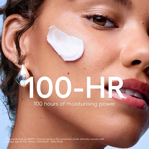 Image 1 - A close-up of a womans face with a dollop of white cream on her cheek, featuring text that reads 100-HR, 100 hours of moisturising power, and a disclaimer *Test conducted by GMRC / Clinical result of 32 normal skin multi-ethnicity women with average age of 30s. Period: 2023.08.21 - 2023.09.26. Image 2 - A light blue Laneige Water Bank Blue Hyaluronic Cream Moisturizer jar and a partial reflection of it are displayed, accompanied by text LANEIGE, WATER BANK, BLUE HYALURONIC, Cream Moisturizer, #Moisture Barrier Fortifying Cream, +79% Boosts Skins Visible Bounce, 96% Agreed skin felt stronger/more resilient, *Test conducted by GMRC / Clinical Result & Consumer Survey of 32 normal skin multi-ethnicity women with average age of 30s. Period: 2023.08.21 - 2023.09.26. Image 3 - The image displays a light blue jar of LANEIGE Water Bank Blue Hyaluronic Cream Moisturizer with cream on top, alongside text introducing 3 SKIN BARRIER INGREDIENTS to change the density: Ceramide / Cholesterol / Fatty acids helps to make a densely structured skin barrier with ingredients similar to skin lipids; Pepta-panthenol Complex helps to fortify skin barrier; and Blue Hyaluronic Acid offers powerful hydration. Image 4 - A smiling woman with blonde hair holds a light blue jar of cream and points to her neck against a blue curtain background, with text that reads Water Bank Is The Answer, Your Barrier-Boosting Choice For Hydrated Skin, Laneige Water Bank Blue Hyaluronic Cream Moisturizer.