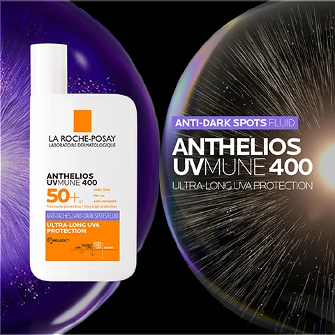 Image 1 - A bottle of La Roche-Posay Anthelios Uvmune 400 sunscreen is displayed against a cosmic background, with text that reads ANTI-DARK SPOTS FLUID ANTHELIOS UVMUNE 400 ULTRA-LONG UVA PROTECTION and details about SPF and protection.
Image 2 - A hand wearing a white glove holds a bottle of La Roche-Posay Anthelios UVMUNE 400 sunscreen, which has visible text stating UV FILTER: MEXORYL 400 THE MOST EFFICIENT UV FILTER AGAINST THE MOST PENETRATIVE RAYS * and additional text regarding UVA rays and a link for more information.
Image 3 - Three skincare products from La Roche-Posay are displayed: a purple cleanser labeled MELA B3 Gel Micro-Peeling Clarifiant Anti-Taches, a purple serum labeled MELA B3 Serum Anti-Dark Spots, and a white sunscreen labeled ANTHELIOS UVMune 400 Protect UVA and UVB, with numbers 1, 2, and 3 indicating their order.
Image 4 - A white product bottle is positioned upside down against a blue background, with a drop of the product forming at the tip; the visible text reads APPLY THE PRODUCT JUST BEFORE EXPOSURE. SUITABLE FOR DAILY USE REMEMBER TO APPLY FREQUENTLY AND GENEROUSLY.
Image 5 - Image features a split design with a vibrant purple sphere on the left labeled ANTI-PIGMENTATION and a bright, glowing sphere on the right labeled MEXORYL 400, alongside text stating PROTECTS AND CORRECTS FROM UNEVEN SKIN TONE TO THE APPEARANCE OF PERSISTENT DARK SPOTS and ULTRA-LONG UVA PROTECTION.
Image 6 - An image featuring the La Roche-Posay logo at the top, along with icons and text that indicate the brand is recommended by dermatologists, suitable for photosensitive skin, provides protection against UVA/UVB, and has a fragrance-free formula.
