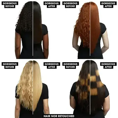 Image 1 - Image shows four women with different hairstyles, each divided into GORGEOUS BEFORE and GORGEOUS AFTER sections, and the last image has HAIR NOR RETOUCHED at the bottom.Image 2 - A woman is shown with curly hair on the left side of her face and straight hair on the right side, with the text GORGEOUS BEFORE below the curly side and GORGEOUS AFTER below the straight side, along with ghd chronos max, 85% LARGER PLATES, and IDEAL FOR LONG, THICK & CURLY HAIR in the image.
Image 3 - A woman with long, straight hair holds a hair straightener while wearing a black dress, with a soft gold background and text reading 24 HR HD RESULTS and HD in the corner.
Image 4 - Image shows a close-up of two sleek black hair straightener plates, with one plate slightly overlapping the other, and visible text that reads 85% LARGER PLATES.
Image 5 - A hand is holding a black hair styling tool that is wrapping a section of long, straight, light brown hair, with the text 3X FASTER STYLING and ghd chronos max visible on the tool.
Image 6 - A woman with long, straight, dark hair stands holding a white styling tool while wearing a sleeveless white dress, with the text NO EXTREME HEAT DAMAGE displayed prominently.n Image 6 before hair unretouched