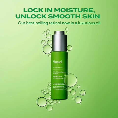 Image 1 - Image of a green bottle labeled Murad Resurgence Retinol Youth Renewal Oil Drops, with text stating LOCK IN MOISTURE, UNLOCK SMOOTH SKIN and Our best-selling retinol now in a luxurious oil, surrounded by bubbles on a light green background.
Image 2 - Side-by-side comparison of a womans face showing visible improvement in wrinkles after two weeks of using a skincare product, with text that reads Clinically Proven, Visibly Reduces Wrinkles in 2 Weeks, and Unretouched Real Results.
Image 3 - A side-by-side comparison of a womans face, showing the left side labeled BEFORE with visible redness and less defined features, and the right side labeled AFTER 4 WEEKS showing improved skin firmness, along with a green bottle of Murad skincare product and text stating CLINICALLY PROVEN VISIBLY INCREASES SKIN FIRMNESS BY 68% IN 4 WEEKS* UNRETOUCHED REAL RESULTS.
Image 4 - Image of a green skincare bottle labeled Murad with a dropper dispensing oil, along with text stating clinically proven claims about reducing wrinkles in 2 weeks, smoother skin in 2 weeks, increasing skin firmness by 68% in 4 weeks, and that 95% of participants agree it did not irritate skin.
Image 5 - Close-up of green liquid with multiple bubbles, highlighting the benefits of Retinol, Vitamins C, E, Lipids, and Biofermented Algae Oil with visible text stating their effects on skin.
Image 6 - Close-up of a woman’s face applying face oil, with text that reads 1 face oil, 3 ways to use it: 01 Use alone after cleansing, 02 Mix 1-2 drops with your favorite PM serum or moisturiser, 03 As the last step to lock in your PM skincare.
Image 7 - Image shows two bottles of Murad oil drops, one green labeled as Retinol Youth Renewal Oil Drops for new and experienced retinol users, and one purple labeled as Cellular Hydration Repair Oil Drops with a description of their benefits and text stating Oil Drops 101: Wrinkles or Barrier Repair?
Image 8 - Image of the Retinol Youth Renewal Collection featuring four skincare products laid out on a light green background, with labels for each product: Retinol Youth Renewal Eye Serum, Retinol Youth Renewal Serum, Retinol Youth Renewal Night Cream, and Retinol Youth Renewal Oil Drops, accompanied by steps labeled TARGET, TARGET, HYDRATE, and NOURISH, along with the header text stating Clinically proven to minimise AND future-proof skin against wrinkles, dullness + uneven tone.
Image 9 - Image features two skincare products from Murad: a transparent bottle labeled Retinol Youth Renewal Serum with the description Lightweight gel cream, and a green bottle labeled Retinol Youth Renewal Face Oil Drops with Non-greasy, fast-absorbing oil. The background is a solid green, and the text LOCK IN YOUR ACTIVES WITH OIL DROPS and BETTER TOGETHER appears alongside a derm tip suggesting to layer oil drops over the serum to maximize benefits.