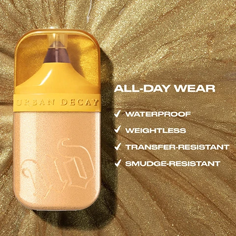 Image 3 - A gold bottle of Urban Decay product sits against a shimmering gold background, with text that reads ALL-DAY WEAR, followed by checkmarks for WATERPROOF, WEIGHTLESS, TRANSFER-RESISTANT, and SMUDGE-RESISTANT.
Image 4 - A close-up portrait of a woman with light brown hair and subtle makeup, showing her face turned slightly to the side, with the text Carolina Wears Silver Lake visible at the bottom of the image.
Image 5 - A woman with dark skin and a headscarf poses closely with a woman of lighter skin, both showcasing glowing skin, with the text GOLDEN HOUR, EVERY HOUR and Experience our waterproof Luminizer for an up to 12-hour radiant finish* visible in the image.
Image 6 - A close-up image of a person with braided hair showcasing different makeup applications on their face and shoulders, with visible text labels reading AS A HIGHLIGHTER, MIXED WITH FOUNDATION, AS AN EYESHADOW TOPPER, and MIXED WITH BODY OIL.
Image 7 - A close-up image of a woman with long, wavy dark hair, wearing a subtle makeup look with warm tones, highlighted cheekbones, and glossy lips; visible text reads JESS WEARS HALF BAKED.
Image 8 - A close-up of a woman with blue eyes and smooth skin, adorned with stylish earrings and long, light purple nails, accompanied by the text Carolina Wears PCH.
Image 9 - A close-up portrait of a woman with braided hair wearing a gold earring, showcasing smooth skin and a natural makeup look, with the text Jasmine wears Golden Hour located at the bottom left.
Image 10 - A close-up portrait of a woman with dark skin and an orange headscarf, displaying bold makeup and gold hoop earrings, with the text KHADIJA WEARS HIGH PROFILE.
Image 11 - A close-up portrait of a woman with light makeup and a smooth complexion, wearing gold hoop earrings and a ring, with the text Jamie Wears Mirrorball at the bottom.
Image 12 - A woman with long dark hair and subtle makeup poses closely to the camera, highlighting her features; visible text reads JESS WEARS SPACE COWBOY.