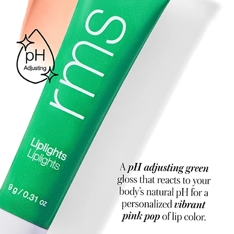 Image 1 - A green tube of lip gloss labeled rms Liplights with a pH adjusting symbol beside it, accompanied by text describing it as a pH adjusting green gloss that reacts to your bodys natural pH for a personalized vibrant pink pop of lip color and details including 9 g / 0.31 oz.
Image 2 - A colorful background with a gradient of peach and cream features the text Lip-Loving Clean Ingredients at the top, followed by four ingredient descriptions: Peptides add volume to the lips, naturally, Cocoa Seed Butter fights free radicals and deeply conditions, Shea Butter Long-lasting, ultimate hydration, and Organic Jojoba Oil allows for easy absorption, while creating a protective barrier for your skin.
Image 3 - A green tube of lip product with a slanted tip applicator is shown, with text indicating it features a slanted tip applicator for controlled precision and is made with 100% recycled aluminum.
Image 4 - A woman with long, wavy hair holds a green tube of lip balm near her lips, and the image contains text that states 100% AGREE** instantly soothes dry lips and leaves lips feeling conditioned 24 HRS* of Hydration and Repair DERMATOLOGICALLY TESTED * & SUITABLE FOR SENSITIVE SKIN *