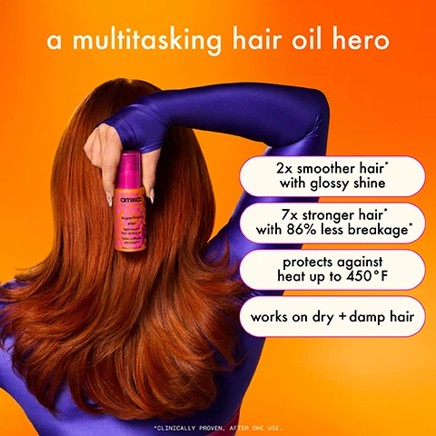 Image 1 - A woman with long, shiny hair holds a purple bottle of hair oil, displaying the text that emphasizes its benefits: 2x smoother hair with glossy shine, 7x stronger hair with 86% less breakage, protects against heat up to 450°F, and works on dry and damp hair.
Image 2 - A woman with long dark hair poses in two side-by-side images; the left shows her hair frizzy and unstyled, while the right shows her hair smooth and styled, with visible text stating victoria applied superfruit star to dry hair to tame frizz.
Image 3 - Image shows a side-by-side comparison of a persons hair before and after using a hair product; the left side has wet, frizzier hair while the right side displays defined, wavy curls and smoother texture, with visible text reading ceci applied superfruit star to damp hair then diffused until dry.
Image 4 - An orange background features a bottle of Amika Superfruit hair oil, surrounded by yellow and orange droplets, with text that reads: a burst of superfruit in every drop, SEA BUCKTHORN nourishes + restores lipids in the hair to help increase shine, manageability, softness + strength, NON-CYCLIC SILICONES helps to provide shine + slip while reducing breakage + protecting against heat damage.
Image 5 - Image shows a side-by-side comparison of hair in two states: on the left, damp hair held by a person with a tattoo on their arm, and on the right, styled dry hair; visible text includes DAMP HAIR apply 1-2 pumps to damp hair to strengthen + protect against heat and DRY HAIR apply 1-2 pumps to dry hair, focusing on the ends, to smooth + add shine.
Image 6 - Image shows two side-by-side portraits of hair: the left side depicts frizzy, wavy hair labeled before, while the right side shows sleek, straight hair labeled after, with visible text stating victoria applied superfruit star to dry hair before heat styling.
Image 7 - Image shows two colorful hair oil bottles with a gradient orange background; the left bottle, labeled Water Sign, is a rich, hydrating oil for thick and textured hair types 2c–4c, and the right bottle, labeled Superfruit Star, is a lightweight multitasking oil for fine-thick hair types 1–3c.
Image 8 - Image shows a side-by-side comparison of a woman with long, thick gray hair, with the left side labeled before and the right side labeled after, and the text below reads heather applied superfruit star to dry hair before heat styling.
Image 9 - A person with curly hair is shown with a hand applying hair oil to their strands, and the image has text that reads pro tip for curly + textured hair and after you set the hair, press oil into strands to break up the curl cast for the best shine + definition.
 Image 10 - Image shows a side-by-side comparison of a woman with long, damp hair on the left labeled before, and the same woman with straight, styled hair on the right labeled after; the text in the center reads katrina applied superfruit star to damp hair before blow drying.
Image 11 - A bottle of Amikas Superfruit Star lightweight hair styling oil with a colorful design sits against an orange backdrop, accompanied by icons and text highlighting that it is vegan, cruelty-free, sulfate-free, paraben-free, phthalate-free, SLES and SLS-free, contains no mineral oil, and is suitable for color-treated hair.