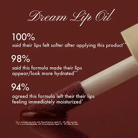 Image 1, Dream Lip Oil100%said their lips felt softer after applying this product 98%said this formula made their lips appear/look more hydrated**94%agreed this formula left their their lips feeling immediately moisturized In a consumer use study with 50 participants, aged 14-39, ohter one day **In a consumer use study with 50 participants, aged 14-39, after 30 days Image 2, Dream Lip OilVegan Oil-ComplexOur ultra-rich blend of nine plant-based oils delivers a surge of deep moisture for softer, more supple lips.Vitamin EEssential for skin health, this oil-soluble antioxidant works to protect, nourish and soften dryness-prone lips. Image 3, Dream Lip OilEight high-shine tints deliver deep hydration and a flush of color. Its plush formula nourishes lips for long-lasting softness and moisture. Image 3, Dream Lip OilNine vegan oils hydrate lips Lightweight, silky-smooth feel High-shineLip Butter BalmVegan waxes + butters nourish dry lips Thick, buttery-soft textureTrue lip balm