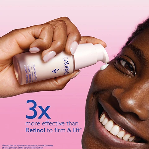 Image 1 - A woman with a radiant smile applies a serum to her cheek while holding the bottle labeled CAUDALÍE Resveratrol Lift Serum, with the text 3x more effective than Retinol to firm & lift below.
Image 2 - A woman with light skin and blue eyes applies a cream to her cheek while holding a jar of Caudalie Resveratrol-Lift Firming Cashmere Cream, with the text 98% Firmer skin in less than 3 weeks.
Image 3 - A smiling woman with dark skin holds a tube of Caudalie Resveratrol-Lift Firming Eye Gel Cream near her face, with text displaying x5 collagen production and x2 hyaluronic acid production.