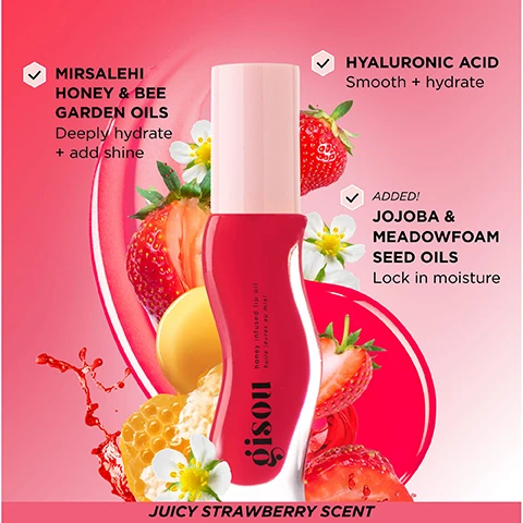 Image 1 - Image of a shiny bottle of Gisou honey-infused lip oil surrounded by strawberries and flowers, with text highlighting key ingredients: Mirsalehi honey & bee garden oils, hyaluronic acid, jojoba & meadowfoam seed oils, and the scent description as juicy strawberry scent.
Image 2 - The image features glossy lips in two variations, one light pink and one dark plum, along with a bottle of Gisou Honey Infused Lip Oil in the center, set against a vibrant pink background with the text STRAWBERRY SORBET.
Image 3 - Collage of four images of lips featuring glossy finishes in various shades: top row includes Honey Gold, Watermelon Sugar, and a close-up of open lips with a smile; middle row shows Mango Passion Punch and a close-up of lips with a piece of watermelon; bottom row displays Strawberry Sorbet and lips with a slice of apple.
Image 4 - A collage of lip images featuring different shades of glossy lip products, including a raspberry placed on the first image, with labels: Raspberry Swirl, Bee-llini Peach, and Glazed Plum.
Image 5 - Image shows six bottles of Gisou honey-infused lip oil arranged vertically with a gradient background; the text includes FRESH, JUICY & DELICIOUS and features points: Intentionally Hydrating, High Shine, Never Sticky, Juicy Scents.
Image 6 - A close-up of a woman with braided hair and freckles showcasing glossy lips while holding a red lip product, with a colorful background and the text SANSILIA WEARING STRAWBERRY SORBET visible.