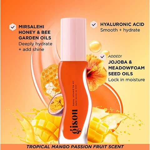 Image 1 - An orange background features a bottle of Gisou honey-infused lip oil with visible ingredients: Mirsalehi honey and bee garden oils, hyaluronic acid, jojoba and meadowfoam seed oils, along with tropical mango and passion fruit images, and the text Tropical Mango Passion Fruit Scent.
Image 2 - A close-up of glossy lips showing a peachy tint, with a bottle of Gisou Honey Infused Lip Oil labeled Gisou beside a slice of mango, against a vibrant orange background with the text Mango Passion Punch.
Image 3 - A grid of four rows featuring close-up images of various lips adorned with glossy lip products in shades named Honey Gold, Watermelon Sugar, Mango Passion Punch, and Strawberry Sorbet, with each corresponding shade name displayed in bold text next to the lips.
Image 4 - A collage of close-up images of glossy lips in various shades, featuring a raspberry on the top left labeled Raspberry Swirl, a peach-colored lip on the top middle labeled Bee-Llini Peach, and a plummy lip on the top right; the bottom row shows a sparkling nude lip labeled Glazed Plum on the left and two different shades of glossy lips in the center and right, with no additional text.
Image 5 - Image shows six bottles of Gisou honey infused lip oil in varying shades of red and orange with pink caps, accompanied by text stating FRESH, JUICY & DELICIOUS and features such as Intensely Hydrating, High Shine, Never Sticky, and Juicy Scents.
Image 6 - A close-up of a person with a deep skin tone wearing a warm orange eyeshadow and glossy lips, holding a lip product labeled gisou, with visible text that reads TUMBUSH WEARING MANGO PASSION PUNCH.
