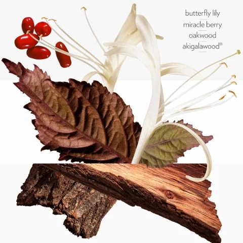 An arrangement of a butterfly lily flower, miracle berry, and oakwood, with visible text labeling the items as butterfly lily, miracle berry, oakwood, and akigalawood®.