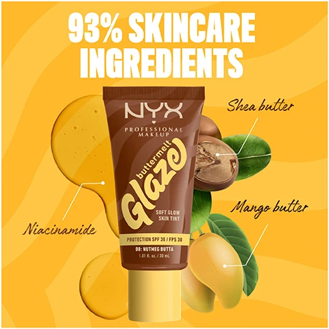 Image 1 - A tube of NYX Professional Makeup Butter Gloss in the flavor Glaze is shown surrounded by illustrations of mangoes and shea butter, with text stating 93% skincare ingredients, niacinamide, and the products protection SPF 30.
Image 2 - An image of a cosmetic product, a tube of NYX Butternut Glaze soft glow skin tint in nutmeg butta with a brown background that includes text elements: BUTTA SHIELD Sun protection, BUTTA CARE Skincare-based formula, BUTTA WEAR Up to 12h wear, SPF 30, Broad Spectrum UVB Protection, No white cast, no oily finish, and a logo indicating it is vegan and cruelty-free.
Image 3 - A close-up portrait of a smiling person with short curly hair and a nose ring, wearing bright yellow eyeshadow and displaying perfect white teeth against a yellow background, with visible text that reads BUTTERMELT GLAZE TINT SPF 30 NUTMEG BUTTA 08 and other branding information.
Image 4 - Image shows four close-up facial portraits of diverse individuals with glowy skin, showcasing their smiles and natural beauty, along with a product image of NYX Buttermelt Glaze Tint SPF 30 Nutmeg Butta 08U in the center, and includes visible text that reads PLAY and NO MAKEUP RETOUCHING and NYX PROFESSIONAL MAKEUP.
Image 5 - Image showing a split comparison of a smiling man’s face before and after applying makeup; the left side labeled BEFORE with text NO MAKEUP RETOUCHING, and the right side labeled AFTER with text BUTTERMELT GLAZE TINT SPF 30 NUTMEG BUTTA 80U.
Image 6 - A collage of ten individuals showcasing different makeup looks with yellow accents, labeled from 01 to 10, including names like Whipped Butta, Vanilla Bean Butta, and Nutmeg Butta.
