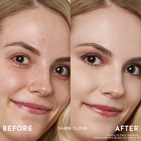 Image 3 - Side-by-side comparison of a womans face before and after makeup application, with the left side labeled BEFORE and the right side labeled AFTER, showing a noticeable difference in skin tone and coverage; visible text indicates SHADE: CLOUD and *MODEL IS ONLY WEARING CONCEALER AND BLUSH ON THE SKIN.
Image 4 - Image shows six faces of women displaying various foundation shades labeled as very fair to light, with the shades being CLOUD (very fair with neutral undertones), BUTTERCREAM (very fair with peachy undertones), PETAL (very fair with pink undertones), CREAM PUFF (fair with golden olive undertones), LINEN (light with neutral to cool undertones), and MARCONA (light with neutral undertones).
Image 5 - Image of a tinted concealer bottle labeled LAWLESS CONCEAL THE DEAL FULL-COVERAGE CONCEALER with a creamy, peach-colored product swatch in the background; visible text includes details about its coverage, texture, benefits, and availability in 20 shades.
Image 8 - Image shows two bottles of Flawless Concealer labeled CONCEAL THE DEAL alongside a makeup brush and small drops of product on a surface, with text highlighting clinical results about the concealers effectiveness: 100% lightweight and comfortable, 96% blends seamlessly, 93% makes skin look smoother, covers under-eye circles, and looks fresh and not cakey all day.
