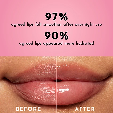 Image 1 - Image shows a close-up of two sets of lips, with the left labeled BEFORE appearing drier and less glossy, while the right labeled AFTER appears smoother and more hydrated; text states 97% agreed lips felt smoother after overnight use and 90% agreed lips appeared more hydrated.
Image 2 - Image shows a pink background with a jar of Lawless Forget the Filler Overnight Lip Plumping Mask surrounded by a glossy pink gel; visible text includes 50% MORE MAXI-LIP™ COMPARED TO FTF PLUMPING GLOSS, 1200% MORE SHEA BUTTER COMPARED TO FTF PLUMPING GLOSS, and HYALURONIC ACID COMPLEX COMPOSED OF 8 DIFFERENT MOLECULAR WEIGHTS OF HYALURONIC ACID.