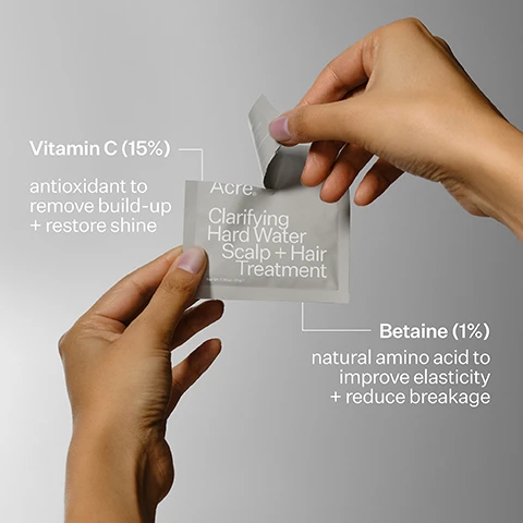 Image 1 - A person holding a product sachet labeled Acre Clarifying Hard Water Scalp + Hair Treatment with visible text detailing its ingredients: Vitamin C (15%) antioxidant to remove build-up + restore shine and Betaine (1%) natural amino acid to improve elasticity + reduce breakage.
Image 2 - A person with long, dark hair is seen from the back, with a chart comparing a clarifying hair and scalp treatment to traditional clarifying treatments, highlighting features such as non-stripping and removing brassy tones; the visible text reads Add Shine Without Stripping.
Image 3 - A side-by-side comparison of hair, showing a frizzy, unstyled look on the left labeled Before and smooth, straightened hair on the right labeled After.
Image 4 - Close-up image of an orange slice with visible inner texture and a label indicating Vitamin C; text reads Vitamin C (15%) removes contaminants that lead to build-up and brassiness.
Image 5 - The image shows a persons hair comparison, with the left side labeled Before displaying frizzy, unstyled hair, and the right side labeled After showing the same hair styled in defined waves.
Image 6 - Image shows two hands demonstrating hair care instructions: on the left, a hand holds a small amount of powder, labeled 1 mix powder with water; on the right, a hand mixes the powder with water to create a paste, labeled 2 add water to form a paste, then massage into scalp and hair.
Image 7 - Image shows a comparison of hair before and after treatment, with the left side depicting frizzy, unkempt hair labeled Before and the right side displaying smooth, defined waves labeled After.
Image 8 - A gray bottle of Clarifying Hard Water Shampoo is shown next to a sachet for Clarifying Hard Water Scalp + Hair Treatment, with text that reads Gentle Detox For Daily Shine, use weekly includes 4 sachets, and pair with gentle daily clarifying shampoo.
Image 9 - Image shows a side-by-side comparison of a person with long, curly hair, with the left labeled Before showing frizzy hair and the right labeled After showing smoother, more defined curls.