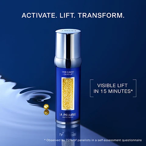 Image 1 - A blue bottle of La Prairie Skin Caviar Liquid Lift is shown on a reflective surface, with visible golden pearls inside, accompanied by text that reads ACTIVATE. LIFT. TRANSFORM. and VISIBLE LIFT IN 15 MINUTES*.
Image 2 - Four cosmetic product containers display various caviar-infused formulations on a light background with the text helps restore the skins youthful structure and labels for each product: La Prairies Caviar Absolute, Caviar Premier, Caviar Micro-Nutrients, and La Prairies Exclusive Cellular Complex.
Image 3 - A blue bottle of skincare product with visible caviar beads and a silky serum on a reflective surface, accompanied by the text UPON ACTIVATION, THE ICONIC CAVIA BEADS TRANSFORM INTO A SILKY SERUM.
Image 4 - A woman with her eyes closed gently touches her face with one hand, while the other hand rests by her side, and visible text reads 1. ACTIVATE 2. SMOOTH 3. MOISTURISE.
Image 5 - A woman with long dark hair, wearing a white top, holds two blue skincare bottles near her face, with a caption that reads available in 30 ML and 50 ML.
Image 6 - Image shows three skincare products from La Prairie against a blue background, including a small jar labeled 1. NOURISH Eye Cream, a middle bottle labeled 2. LIFT Liquid Lift, and a large jar labeled 3. MOISTURISE Luxe Cream, with the text YOUR SKIN CAVIAR LIFTING ROUTINE above.