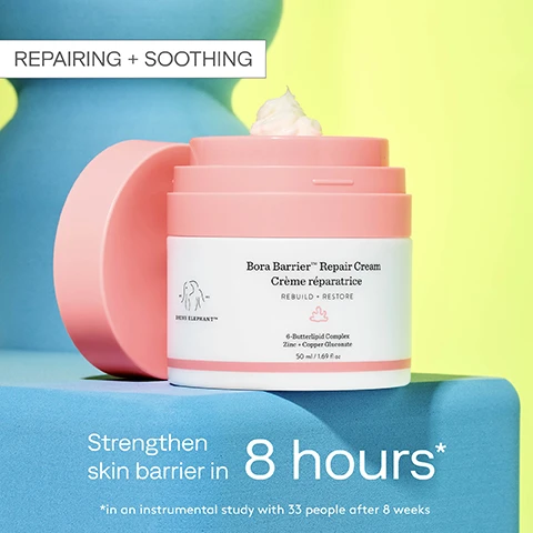 Image 1 - A pink and white jar of Bora Barrier Repair Cream is displayed on a blue pedestal, with text stating REPAIRING + SOOTHING and Strengthen skin barrier in 8 hours* *in an instrumental study with 33 people after 8 weeks.
Image 10 - A graphic titled the suspicious 6 that lists six ingredients to avoid in skincare: essential oils, drying alcohols, silicones, chemical sunscreens, fragrances and dyes, and sodium lauryl sulfate (SLS), with a brief description about ingredient elimination for skin health.
Image 2 - Image shows a side-by-side comparison of a womans face, with the left side labeled Before showing visible skin texture issues, and the right side labeled After 8 Weeks illustrating smoother skin; the text at the bottom states proven to strengthen skin barrier in 8 hours followed by asterisk indicating reference to an instrumental study of 33 people.
Image 3 - A close-up view of a smooth, creamy substance with swirls of pink and white, featuring the text Buttery, Ultra-Rich Cream.
Image 4 - A pink jar of Bora Barrier Repair Cream is shown on a light blue background, with descriptions of its benefits: 6-butter lipid complex, zinc and copper gluconate, and alpha glucan.
Image 5 - Three containers stacked, with colorful backgrounds of pink and green; text reads More Bora for Your Barrier and When you refill, you reduce plastic waste by 85% compared to repurchasing a full size.
Image 6 - A pink cream jar with a removable top is shown against a blue background, along with numbered steps for a refill process, which include remove cap and unscrew pump, remove empty inner jar, insert refill pod into outer jar and remove film seal, and immediately screw pump back on tightly; the visible text includes get it together and the product name Bora Barrier Repair Cream.
Image 7 - Image shows three moisturizer cream jars on a colorful background: the top jar is pink labeled Bora Barrier Repair Cream, the middle jar is blue labeled Protini Polypeptide Cream, and the bottom jar is teal labeled Lala Retro Whipped Cream, with key ingredients and usage suggestions for each.
Image 8 - Image shows a comparison of a damaged skin barrier on the left and a strong skin barrier on the right, with arrows indicating moisture loss and retention, and includes the text WHY A HEALTHY SKIN BARRIER MATTERS, along with descriptions for each barrier: A damaged skin barrier loses moisture easily and allows bacteria, pollution, and other harmful substances to penetrate skin and A healthy, happy skin barrier keeps hydration and moisture in while keeping harmful substances out.
Image 9 - Three cream containers in pastel colors are stacked on colorful pedestals, with the text GOOD THINGS come in threes above, and Namely smoothness, hydration, and moisture—all refillable below.