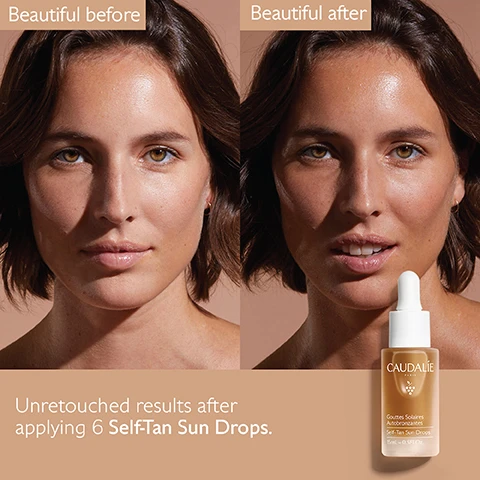 Image 1 - A split image showing a woman’s face on the left labeled Beautiful before and the same woman on the right labeled Beautiful after, with visible highlights on her skin, alongside a bottle of CAUDALIE Self-Tan Sun Drops and the text Unretouched results after applying 6 Self-Tan Sun Drops.
Image 2 - A woman with shoulder-length brown hair holds a bottle of self-tanning drops close to her face, with a light brown background and text reading A progressive, natural-looking tan, all year round without UV exposure.
Image 3 - A dropper releasing a drop of golden liquid above a glass bottle labeled Caudalie Paris, with text that reads Formula for sensitive skin alcohol-free and fragrance-free.
Image 4 - A white spoon holds a small drop of light brown liquid, with a beige background and the text stating Do not use alone, add 2 - 6 drops to your caudalie face cream and apply to skin.
Image 5 - A bottle of self-tan sun drops by Caudalie is shown with its dropper raised next to a grape on a beige background, including the text 100% natural-origin DHA Provides a progressive tan Organic Grape Water Hydrating and soothing.
Image 6 - A woman with shoulder-length hair holds a tube of Caudalie Gentle Buffing Cream in one hand and a bottle of Caudalie Sun Drops in the other, with the text Beauty tip Exfoliate your skin before applying the Sun Drops displayed beside her.
Image 7 - Image of a frosted glass bottle of Caudalié self-tan drops with a dropper positioned above it, featuring the text How to recycle the Sun Drops and Recycle using the glass bin prominently displayed.
