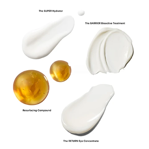 Image 1 - Image shows various skincare products with different textures displayed on a white background, labeled as The SUPER Hydrator, The BARRIER Bioactive Treatment, Resurfacing Compound, and The RETURN Eye Concentrate.
Image 2 - Image shows a list of skincare products with their effectiveness percentages: The Super Hydrator 100 show deep hydration increase after one application, Resurfacing Compound 93 see less evident pores + brighter skin, The Barrier Bioactive Treatment 100 see firmer skin, and The Return Eye Concentrate 96 show an improvement in under-eye darkness + discoloration.