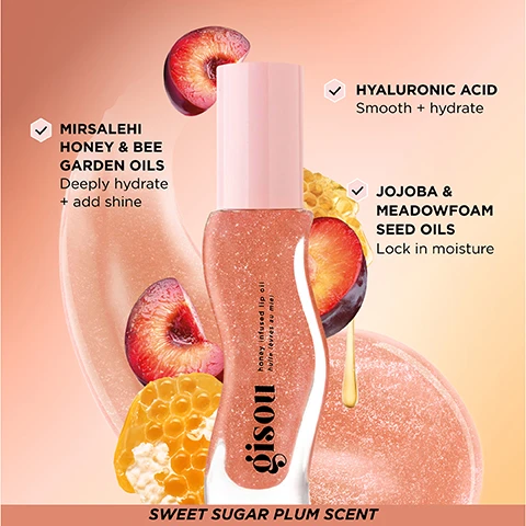 Image 1 - Image of a honey-infused lip oil bottle with a pink cap surrounded by fruit, honeycomb, and a smooth oil texture, featuring text that reads Mirsalehi Honey & Bee Garden Oils, Hyaluronic Acid, Jojoba & Meadowfoam Seed Oils, and Sweet Sugar Plum Scent.
Image 2 - A grid of lip images showcasing different shades of glossy lip products, with labels for each shade reading Raspberry Swirl, Bee-llini Peach, and Glazed Plum.
Image 3 - A grid of four rows displaying close-up images of glossy lips in various shades, labeled from left to right with the names Honey Gold, Watermelon Sugar, Mango Passion Punch, and Strawberry Sorbet.
Image 4 - Image features six bottles of Gisou honey-infused lip oil in various shades of pink and orange arranged vertically against a soft gradient background, with the text FRESH, JUICY & DELICIOUS prominently displayed above the bottles, followed by four bullet points: Intently Hydrating, High Shine, Never Sticky, Juicy Scents.