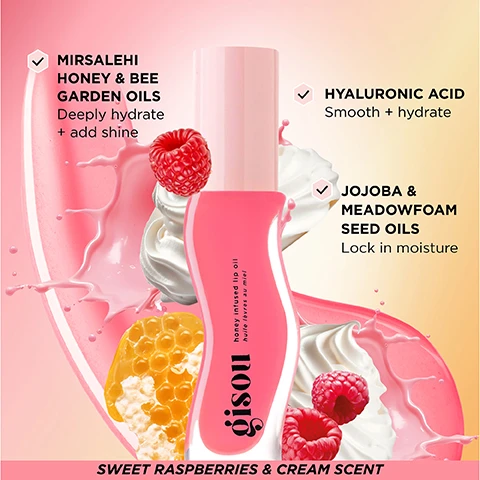 Image 1 - A brightly colored image featuring a pink lip oil bottle against a soft gradient background, surrounded by splashes of cream, honeycomb, raspberries, and text highlighting ingredients such as MirSalehi Honey & Bee Garden Oils, Hyaluronic Acid, and Jojoba & Meadowfoam Seed Oils, with the phrase Sweet Raspberries & Cream Scent at the bottom.
Image 2 - A grid of glossy lips showcasing three shades labeled Raspberry Swirl, Bee-llini Peach, and Glazed Plum, with various lip textures and a raspberry placed on one lip.
Image 3 - A collage of lip close-ups showcasing various glossy lip colors with visible text labels reading Honey Gold, Watermelon Sugar, Mango Passion Punch, and Strawberry Sorbet.
Image 4 - Image shows six bottles of Gisou honey-infused lip oil in various shades of pink and orange, with the text Fresh, Juicy & Delicious and four bullet points highlighting features: Intensely Hydrating, High Shine, Never Sticky, Juicy Scents.