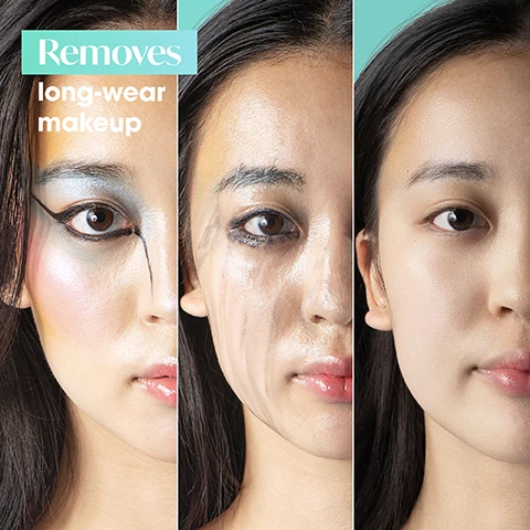 Image 1 - A close-up image of a womans face divided into three sections showing the removal of long-wear makeup, with the left side featuring dramatic makeup, the center displaying smudged makeup, and the right side showing a clean, makeup-free face; text in the top left reads Removes long-wear makeup.
Image 2 - A close-up of a womans face with small droplets of a light blue gel on her cheek, with the text Gel-Balm to Oil transformation to melt away impurities.
Image 3 - A woman with makeup running down her face due to a cleanser is shown against a light blue background, with the text Key Benefits, Dissolves makeup, dirt + impurities, Perfect rinse-off, and Deep Hydration visible.
Image 4 - Image shows a visually appealing layout with a blue background featuring textures of skincare ingredients including cream, capsules, and flowers, along with text that lists key ingredients: Rinse-proof Hyaluronic Acid, Malachite Extract, Cornflower Extract, Evening Primrose Oil, and Cocoa Butter along with their benefits.
Image 5 - A woman with a short, curly hairstyle is applying a light blue cream to her cheek, accompanied by instructional steps on how to use the product, which include Apply to dry skin, Massage gently in circular motions, Dissolve makeup + impurities, and Rinse thoroughly.