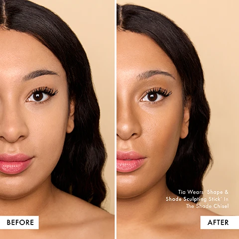 Image 1 - A close-up portrait of a woman with dark, wavy hair, showing her face in two sections; the left side labeled BEFORE appears without makeup, while the right side labeled AFTER displays her wearing makeup, with visible text stating Tia Wears Shape & Shade Sculpting Stick In The Shade Chisel.
Image 2 - A close-up image shows a woman’s face divided into two sections: the left side labeled BEFORE displays her with minimal makeup and the right side labeled AFTER shows her with enhanced makeup, specifically using a product named Shape & Shade Sculpting Stick in the shade Curve.
Image 3 - Image shows a side-by-side comparison of a womans face before and after makeup application, with the left side labeled BEFORE and the right side labeled AFTER, and text on the right reading Jade Wears Shape & Shade Sculpting Stick In The Shade Sketch.
Image 4 - Side-by-side images of a womans face showcasing the effect of a makeup product, with the left side labeled BEFORE and the right side labeled AFTER, and visible text reading Tskenya Wears Shape & Shade Sculpting Stick In The Shade Frame.
