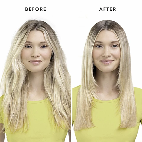 Image 1 - A woman with long, wavy hair is shown on the left labeled BEFORE, and the same woman with sleek, straight hair is on the right labeled AFTER, both wearing a yellow shirt.
Image 2 - A close-up of a light blue bottle of Drybar Liquid Glass high-gloss finishing serum, with visible text stating Fights frizz and tames flyaways for 72 hours* Instantly gives hair a glass-like finish and a note that it is clinically tested for claims.
Image 3 - A bottle of hair serum labeled Liquid Glass from Drybar is shown against a light blue background, with text highlighting its benefits: provides weightless hydration, reduces frizz, and adds shine.
Image 4 - An image of a bottle of Liquid Glass high-gloss finishing serum with the text made without: GLUTEN, HONEY, KERATIN, PROTEIN, NUT OILS plus, its VEGAN & CRUELTY-FREE!
Image 5 - Image shows a four-step hair care guide with illustrations: Step 1 shows a hand dispensing product into another hand with text Apply 2-4 pumps into palms. Step 2 shows a woman applying product to her hair with text On dry hair after styling, apply from midshaft to ends. Step 3 shows a woman using hands on her hair with text Use lightly around the crown and part line to tame frizz and flyaways. Step 4 shows the same woman with smooth hair and text Voila! Cheers to a smooth style and high-shine finish!