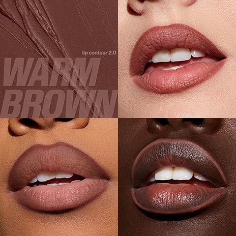 Image 1 - A collage of four close-up images of different lips showcasing various shades of brown lipstick with the text WARM BROWN and lip contour 2.0 prominently displayed.
Image 2 - A collage featuring four women with glossy lips showcasing a faux filler gloss product, with the word Bombshell prominently displayed alongside a dripping applicator.
Image 3 - An image featuring four women showcasing glossy lip looks, with a droplet of lip gloss above and the word GLASSY in bold text, along with the words faux filler gloss displayed beside the droplet.