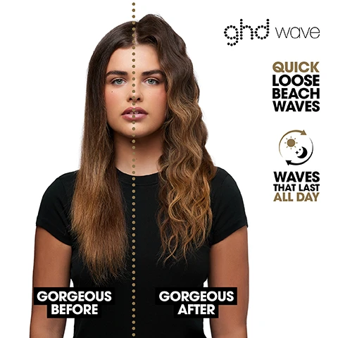 Image 1 - Image shows a young woman with long hair, half with straight hair on the left side labeled GORGEOUS BEFORE and half with loose beach waves on the right side labeled GORGEOUS AFTER, with additional text on the top right that reads QUICK LOOSE BEACH WAVES and WAVES THAT LAST ALL DAY.
Image 2 - Image of a triple barrel waver product labeled as NEW GHD WAVE with text highlighting features like Easy, clamp & go, instant beach waves, Quick loose beach waves, Waves that last all day, 2x less frizz, and No extreme heat damage.
Image 3 - A woman with wavy hair is holding a black hair styling tool in front of a laundry backdrop, and there is text that reads FOR QUICK, LOOSE BEACH WAVES THAT LAST ALL DAY.
Image 4 - A close-up image of a curling iron applying waves to a section of hair, with visible text that reads Place GHD Wave horizontally into the hair and hold for 3-5 seconds.
Image 5 - Two women stand side by side, one with long wavy hair wearing a black shirt and the other with long straight hair in a white shirt, against a light gray background; the text reads SUITABLE FOR A RANGE OF HAIR LENGTHS.
Image 6 - Image of a black curling wand and a spray bottle against a dark, illuminated background, with text labeling them as 01 GHD Wave Wand, 02 GHD Curls Gone Wild, and Power Couple.