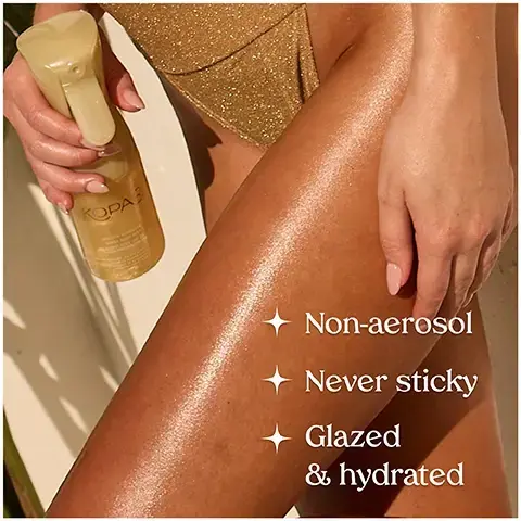 Image 1 - A close-up of a womans leg with a shimmering tan, holding a bottle of tanning spray, with text that reads Non-aerosol, Never sticky, Glazed & hydrated.
Image 2 - A side-by-side comparison of a womans torso showing her before and after applying a self-tanning product, with the left side labeled Before Application and the right side labeled After Sunglaze.
Image 3 - An image of a bottle of Kopari skincare product with a label displaying the text SPF For Glazed, Glowing Skin and the brand name KOPARI in colorful letters.
Image 4 - The image features a golden, shimmery spray bottle of Kopari sunscreen body mist, partially obscured by a sliced mango and a white flower, on a pink background, with text reading Skin-Loving Protection, PROTECTING SPF 30 UVA/UVB Filters, HYDRATING Hyaluronic Acid & Polyglutamic Acid, BRIGHTENING Vitamin C, SOOTHING Vitamin E, and on the bottle KOPARI GOLDEN SUNGLAZE SHEER BODY MIST SUNSCREEN SPF 30 BROAD SPECTRUM UVA-UVB GOLDEN SUNGLAZE BRUME CORPORELLE TRANSPARENTE ÉCRAN SOLAIRE FPS 30 SPECTRE LARGE UVA-UVB 5 FL. OZ. | 150 ML.