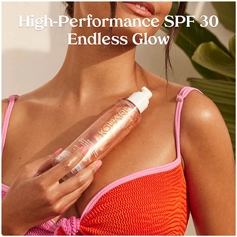 Image 1 - A woman with dark hair wearing a pink and orange bikini holds a bottle of sunscreen in her hand, with the text High-Performance SPF 30 Endless Glow displayed above.
Image 2 - A close-up image of a persons thigh with a bottle of SPF sunscreen labeled KOPARI being applied, with the text SPF Elevated above and Lightweight, Clear, Moisturizing listed below.
Image 3 - A beauty product bottle with a pump dispenser is centered against a pink background, featuring the text Clean & Effective above it, and bullet points highlighting ingredients: Nourishing Hibiscus & Macadamia Nut Oils, Soothing Vitamin E, Moisturizing Avocado & Coconut Oils, and Glowing Ethically-Sourced Mica.