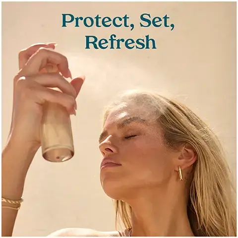 Image 1 - A woman with long blonde hair is applying a spray to her face while tilting her head back, with the text Protect, Set, Refresh displayed above her.Image 2 - A person with luminous skin holds a clear bottle of shimmery setting spray, labeled SUNGLAZE SHEER SETTING SUNSCREEN SPF BROAD SPECTRUM UV 40 MINUTE SWEAT WATER RESISTANT SUNGLAZE BRUME FIXANTE TRANSPARENTE ÉCRAN SOLAIRE SPECTRE LARGE UVA RÉSISTANCE DE 40 MINUTES À LA TRANSPIRATION ET À LEAU 2.53 FL. OZ. | 75 ML, with on-screen text listing its features as Weightless fine mist, SPF 50, Sets makeup, and Easy re-application. Image 3 - A bottle of shimmering golden liquid sunscreen mist with a white cap, covered in water droplets, stands on a wet, reflective surface surrounded by white flowers against a soft pink background, displaying the text Skin-Loving Protection, KOPARI SUNGLAZE SHEER, SETTING MIST SUNSCREEN SPF 50 BROAD SPECTRUM UVA-UVB 40-MINUTE SWEAT & WATER RESISTANT SUNGLAZE BRUME FIXATRICE TRANSPARENTE ÉCRAN SOLAIRE FPS 50 SPECTRE LARGE UVA-UVB RÉSISTANCE DE 40 MINUTES À LA TRANSPIRATION ET À LEAU 2.53 FL. OZ. | 75 mL, PROTECTING SPF 50 UVA/UVB Filters, HYDRATING Hyaluronic Acid & Polyglutamic Acid, and BRIGHTENING Vitamin C. Image 4 - Against a pink background, three shimmering Kopari sunscreen mist bottles are showcased, with the overarching title Mists For Face & Body; the first section features a golden SPF 50 mist categorized as For Face, presented in a slender bottle with a pink pump cap and labeled Kopari Sunglaze Sheer Setting Mist Sunscreen SPF 50 Broad Spectrum UVA-UVB 40-Minute Sweat & Water Resistant Sunglaze Brume Fixatrice Transparente Écran Solaire FPS 50 Spectre Large UVA-UVB Résistance De 40 Minutes À La Transpiration Et À L’eau 2.53 FL. OZ. | 75 ML; the second section displays a golden SPF 50 body mist categorized as For Body, housed in a wider container with a beige trigger spray, and featuring the text Kopari Golden Sunglaze Sheer Body Mist Sunscreen SPF 50 Broad-Spectrum UVA-UVB Golden Sunglaze Brume Corporelle Transparente Écran Solaire FPS 50 Spectre Large UVA UVB 5 FL. OZ. | 150 ML; and the third section exhibits a rose gold SPF 42 body mist also categorized as For Body, contained in a wider bottle with a pink trigger spray, which reads Kopari Sunglaze Sheer Body Mist Sunscreen SPF 42 Broad-Spectrum UVA-UVB 40-Minute Sweat & Water Resistant Brume Solaire Légère Sunglaze FPS 42 Pour Le Corps UVA-UVB Résistance De 40 Minutes À La Transpiration Et À L’eau 5 FL. OZ. | 140 ML.