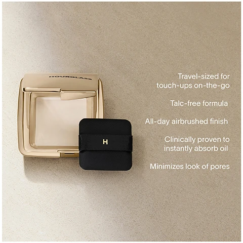 Image 1 - A compact makeup case is open, revealing a cream product, with a small black compact featuring a gold H next to it, accompanied by visible text that reads Travel-sized for touch-ups on-the-go, Talc-free formula, All-day airbrushed finish, Clinically proven to instantly absorb oil, and Minimizes look of pores.
Image 2 - A close-up image of a woman with shoulder-length dark hair and minimal makeup, featuring text that reads 100% said shine is instantly reduced.