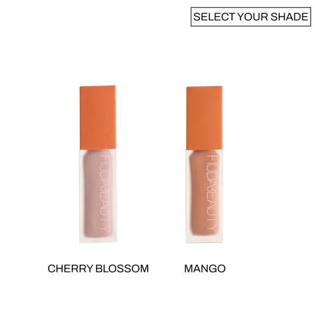 Image shows two lipstick containers side by side, with the left one labeled Cherry Blossom and the right one labeled Mango, above them is the text Select Your Shade.