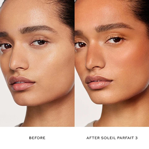 Image 1 - A close-up image shows a womans face split into two sections; the left side is labeled BEFORE with a natural skin tone, and the right side is labeled AFTER SOLEIL PARFAIT 3, featuring a tanned complexion.
Image 2 - Four arms of different skin tones are shown holding turquoise containers, with swatches of bronzer in four shades labeled as Soleil Parfait 1, Soleil Parfait 2, Soleil Parfait 3, and Soleil Parfait 4 displayed on their arms.
Image 3 - A turquoise liquid bronzer bottle is shown against a soft gradient background, with visible text reading INSTANT SUMMER SKIN, FEATHERLIGHT LIQUID BRONZER, BLENDS + LAYERS SEAMLESSLY, STREAK-FREE + NO SHIMMER, PERFECTLY BALANCED BRONZE TONES, and WEAR OVER FOUNDATION OR ON BARE SKIN.
Image 4 - Four close-up portraits of women with different skin tones, labeled with the text Soleil Parfait I light tan, Soleil Parfait II medium tan, Soleil Parfait III dark tan, and Soleil Parfait IV rich deep tan.
Image 5 - Image shows a light blue background with various cream-like swirls and droplets in shades of brown and beige, along with text that reads: Moisturizes + Supports Microbiome Prebiotic Moisturizing Complex, Helps Boost Skin’s Natural Tan Amino-Infused Active Blend, Nourishing, Non-Tacky Finish Hydra Nourish Blend.
Image 6 - Image shows four swatches of cream foundation in varying shades from light tan to rich deep tan, labeled as SOLEIL PARFAIT 1 light tan, SOLEIL PARFAIT 2 medium tan, SOLEIL PARFAIT 3 dark tan, and SOLEIL PARFAIT 4 rich deep tan.
Image 7 - Image shows a product selection guide titled CHOOSE YOUR SUN KISSED FINISH featuring four beauty products: Sun Tone Bronzing Drops, Beauty Butter Powder Bronzer, Face Trace Contour Stick, and Liquid Super Loaded Tinted Highlight in Peau de Soleil, along with a table categorizing each product type, undertones, and finishes listed as Liquid Bronzer, Powder Bronzer, Cream Contour, and Liquid Highlighter with corresponding undertones and finishes.