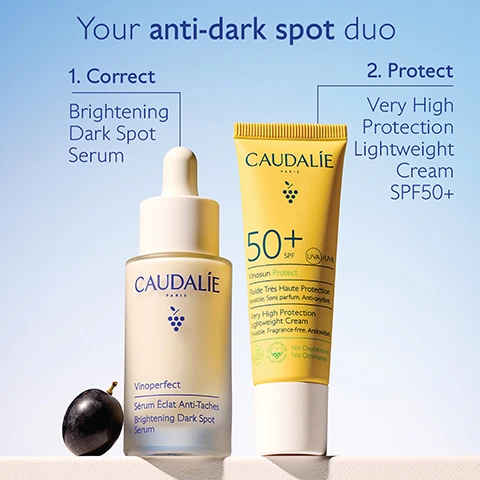 Image 1 - Image shows two skincare products from Caudalie: a bottle of Brightening Dark Spot Serum and a tube of Very High Protection Lightweight Cream SPF 50+, with labels indicating their purposes.
Image 2 - A close-up of a womans face applying a dropper of skincare serum to her cheek, with text stating -63% colour intensity of dark spots after 1 bottle*.
Image 3 - Image shows three women with close-up facial shots, surrounded by labels pointing to areas of concern labeled as Blue Light, Acne, Sun, Age, and Pregnancy.
Image 4 - A side-by-side comparison of a persons face, showing the before and after effects of using the Caudalie Vinoperfect Serum for 56 days, with the text stating Dark spots visibly reduced by 81% on deeper skin tones and Untouched results after using the Vinoperfect Serum daily for 2 months.
Image 5 - A bottle of Caudalie Vinoperfect Brightening Dark Spot Serum with a dropper tip, surrounded by dark grapes, includes texts that state Olive squalane Moisturises and soothes, Viniferine 62x more effective than vitamin C* Corrects and prevents dark spots, and *On the inhibiting action of Viniferine on tyrosinase.
Image 6 - A close-up of a woman with a smooth complexion and short black hair, holding a bottle of Caudalie Vinoperfect Brightening Dark Spot Serum, with text indicating a -25% color intensity of dark spots after one week.
Image 7 - A dropper is positioned above a clear glass bottle labeled Caudalie, with text reading Non photosensitizing Suitable for sensitive skin against a soft blue background.