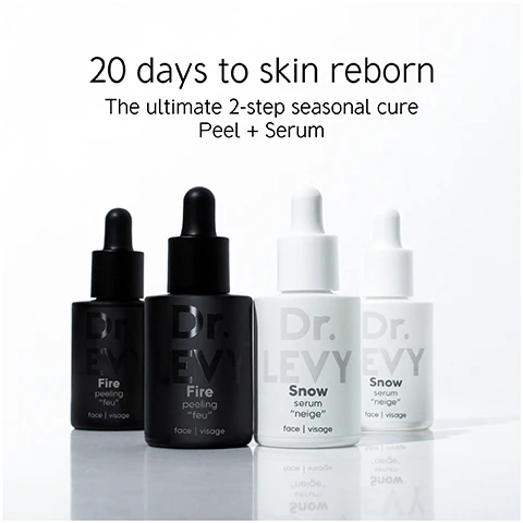 Image 1 - An arrangement of four skincare bottles in a light setting, featuring two black bottles labeled Dr. LEVY Fire peeling and Fire pooling, alongside two white bottles labeled Dr. LEVY Snow serum and Snow, with text above reading 20 days to skin reborn The ultimate 2-step seasonal cure Peel + Serum.
Image 2 - A black bottle labeled FIRE with text describing it as a unique heating, leave-on peel for instant glow is on the left, while a white bottle labeled SNOW with text describing it as an epigenetic wonder serum to smooth and plump the skin is on the right.
Image 3 - A side-by-side comparison of a womans face before and after using skincare products, with the left labeled BEFORE showing visible pores and uneven skin tone, and the right labeled AFTER displaying smoother, more even skin; visible text below reads Usage: 6 minutes. Products: FIRE peel (3min) + SNOW serum (3min). © Scientific Cosmeceuticals SA.
Image 4 - A black bottle of a skincare product labeled FIRE with text detailing key ingredients and their benefits, including 10% AHAs, pumpkin enzymes, Wu-Zhu-Yu fruit extracts, and gluconolactone.
Image 5 - A white dropper bottle labeled Dr. EVIL Snow Serum is shown against a black background, with text detailing its ingredients and benefits: Edelweiss + Prebiotics: Rebuild skins protective barrier; Phytocollagen + Hyaluronic acid: Visibly plump and firm skin; Lotus plant stem cell extracts: Epigenetic breakthrough that promotes cells longevity.
Image 6 - Image shows two skincare products, a black bottle labeled Dr. Lew with the word FIRE and a white bottle labeled SNOW, with arrows indicating the steps for application: Step 1: FIRE - Massage 1 drop of the leave-on peel on your face (avoid eye contour) until full penetration; Step 2: SNOW - Follow with 1 pearl of the epigenetic replenishing serum.