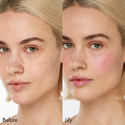 Image 1 - Image showing a womans face divided into two sections; the left side labeled Before displays her natural complexion with some freckles, while the right side labeled Lily shows the same woman with enhanced, rosy cheeks and fuller lips.
Image 2 - A close-up image of a woman showing two side-by-side portraits: the left side labeled Before shows her with a natural look and freckles, while the right side labeled Lily displays her with enhanced features, including a glossy lip and a rosy cheek.
Image 3 - A side-by-side comparison of a womans face showing her makeup-free appearance on the left labeled Before and her enhanced look with blush and lip color on the right labeled Lily.
Image 4 - Swatches of six lip colors in varying shades including Lily 01, Iris 02, Marigold 03, Magnolia 04, Hibiscus 05, and Wild Orchid 06, each displayed in horizontal strokes.
Image 5 - Three arms of different skin tones display various lipstick swatches on their forearms, with iridescent shades labeled as Magnolia 04, Lily 01, and Wild Orchid 06 on the left and sheer shades labeled as Hibiscus 05, Marigold 03, and Iris 02 on the right, alongside a red circular container in the left hand.