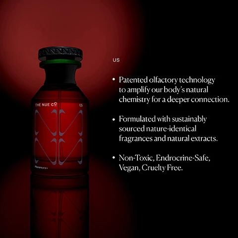 Image 1 - A dark bottle with a black cap is centered against a red background, with three bullet points listing features: Patented olfactory technology to amplify our bodys natural chemistry for a deeper connection, formulated with sustainably sourced nature-identical fragrances and natural extracts, and Non-Toxic, Endocrine-Safe, Vegan, Cruelty Free.
Image 2 - An illustration of a perfume bottle with labeled sections for the scent notes, including top notes of bergamot and orange pear, heart notes of moss, orris, and cedarwood, and base notes of Ambrofix, vetiver, and musk, with the text Smells like at the top and a description stating this functional fragrance adapts to your natural chemistry to accentuate your natural pheromone signature.