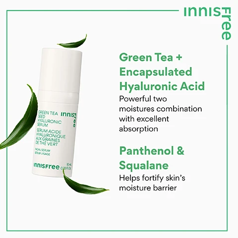 Image 3 - A white Innisfree Green Tea Seed Hyaluronic Serum bottle, surrounded by green tea leaves, displays the text innisfree GREEN TEA SEED HYALURONIC SERUM SÉRUM ACIDE HYALURONIQUE AUX GRAINES DE THÉ VERT FACIAL SERUM SÉRUM VISAGE 10 mL 0.33 Fl. Oz, and is accompanied by promotional text: innisfree Green Tea + Encapsulated Hyaluronic Acid Powerful two moistures combination with excellent absorption Panthenol & Squalane Helps fortify skins moisture barrier. Image 4 - Three white Innisfree Green Tea Seed Hyaluronic Cream Facial Cream jars, each 50 mL 1.69 Fl. Oz. and covered in water droplets, are stacked diagonally on a vibrant green background, alongside text on the left describing product benefits: DOUBLE SQUEEZED FRESH GREEN TEA WATER™ Hydrating Beauty Green Tea™ extract with 1.67x more moisturizing ingredients than regular green tea, PANTHENOL / CERAMIDE / SQUALANE To hydrate & fortify skins moisture barrier, and 5 TYPES OF HYALURONIC ACID To provide an amplified hydration, with Innisfree Free visible vertically on the right side and on two of the jars. Image 5 - The image shows a white tube of Innisfree Daily UV Defense Sunscreen™ High Protection Haute Protection (UVA) SPF 30 Face Sunscreen Crème Solaire Pour Le Visage, 10 mL 0.33 Fl. Oz., with additional text on the right side: innisfree Free, JEJU GREEN TEA Nurtures skin with soothing hydration, SUNFLOWER SEED OIL Delivers lightweight moisture to the skin, CICA (CENTELLA ASIATICA) Soothes skin and reduces visible signs of irritation, ACTIVE INGREDIENTS UV FILTERS Avobenzone 2.5%, Homosalate 7%, Octisalate 4.3% - for high UVA/UVB protection (SPF 30).