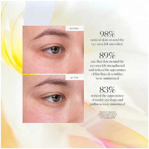 Image 1 - Image shows a side-by-side comparison of an eye area before and after treatment, with the top half labeled Before and the bottom half labeled After, and includes statistics: 98% noticed skin around the eye area felt smoother, 89% saw that skin around the eye area felt strengthened and noticed the appearance of fine lines and wrinkles were minimized, and 83% noticed the appearance of under-eye bags and puffiness were minimized.
Image 2 - Close-up of green Kakadu plums with the words Kakadu Plum above and Brighten, Prevent, Refine below.
Image 3 - An infographic illustrating the recycling process for Kakadu Plum Vitamin C Eye Cream, showing a glass jar, the steps labeled as Remove empty pod, Rinse out any remaining or excess product, Recycle the pod, and Place new refill pod into glass jar, with additional text at the top saying KEEP YOUR GLOW WITHOUT THE WASTE and a note to CONFIRM YOUR LOCAL RECYCLING PROGRAM.
Image 4 - Image shows four skincare products from KORA Organics: a jar of Brightening Vitamin C Cream with a pink lid, a cream labeled Kakadu Plum Vitamin C Cream, a box labeled Berry Bright Vitamin C Eye Cream, and a box labeled Kakadu Plum Vitamin C Eye Cream; above the products is the text New Look, Even Better Formula.