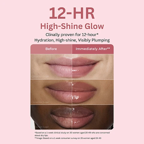 Image 1 - This image presents a before and after comparison of a lip products effects, prominently featuring the text 12-HR High-Shine Glow, Clinically proven for 12-hour* Hydration, High-shine, Visibly Plumping, with three rows showing lips on light, medium, and dark skin tones, each segment labeled Before and Immediately After** and all images labeled Cinnamon Sugar, demonstrating improved shine and plumpness, further detailed by the footnotes *Based on a 1-week clinical study on 30 women aged 20-49 who are concerned about dry lips. and **Image: Based on a 1 week consumer survey on 35 women aged 24-40. Image 2 - The image presents Key Ingredients, showing a dropper with clear liquid for POLYPEPTIDES High-Efficacy Peptides for Lip Firmness, red pomegranate seeds for POMEGRANATE SEED OIL Rich in Antioxidants, and argan fruits on a branch for ARGAN CERAMIDES Reinforce skins moisture barrier, nourish, and soften lips prone to dryness. Image 3 - The image displays six swatches of lip gloss or makeup in donut-inspired shades including brown, pink, peach, dark brown, rosy brown, and deep berry, with the text 6 Donut-Inspired Shades and Flavors, Each shade features a unique scent, Sugar Glaze, Strawberry Sprinkles, Peach Glaze, Chocolate Frosting, Cinnamon Sugar, and Blueberry Jelly. Image 4 - Six tubes of Laneige Glaze Craze Tinted Lip Serum in varying shades of purple, pink, brown, beige, peach, and red are stacked diagonally on a reddish-pink background, featuring prominent text IRRESISTIBLE GLAZED LIPS and SERUM-INFUSED COLOR AND SHINE, while each tube displays LANEIGE GLAZE CRAZE TINTED LIP SERUM GLACAGE GOURMAND SERUM TEINTE POUR LES LEVRES Net wt. 0.42 oz. / Poids net 12 g, with individual flavors including BLUEBERRY JELLY GELEE MYRTILLE, STRAWBERRY SPRINKLES FRAISE CONFITE, CINNAMON SUGAR SUCRE CANNELLE, SUGAR GLAZE SUCRE GLACAGE, PEACH GLAZE GLACAGE PECHE, and CHOCOLATE FROSTING GLACAGE CHOCOLAT, and the image concludes with LANEIGE GLAZE CRAZE TINTED LIP SERUM.