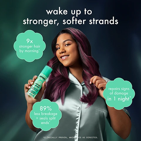 Image 1 - A smiling woman with long, wavy hair holds a green hair product bottle while wearing a silver satin shirt, with text overlaying the image stating wake up to stronger, softer strands, 9x stronger hair by morning, repairs signs of damage in 1 night, and 89% less breakage + seals split ends.
Image 10 - Image shows various hair care products from Amika, including shampoo and conditioner, split-end seal cream, an intensive conditioning mask, a 60-second treatment, and an overnight treatment, with the text repair strength in every step displayed prominently.
Image 11 - A smiling woman with curly hair wearing a pink shirt holds a green spray can, surrounded by text that says pro tip to refresh hair between washes and includes instructions to apply midnight mender on ends and perk up dry shampoo on roots to refresh and strengthen strands between wash days.
Image 12 - A turquoise spray bottle labeled amika: midnight mender with descriptions of its product features such as vegan, cruelty-free, sulfate-free, paraben-free, phthalate-free, SLES + SLS-free, no mineral oil, and suitable for color treated hair.
Image 2 - A smiling Black woman and a smiling woman with wavy blonde hair pose together, holding a turquoise spray product labeled Amika Midnight Mender, with text that reads ideal for brittle hair experiencing signs of damage from: color + chemical treatments, heat styling + brushing, environmental stressors.
Image 3 - Image shows two women with curly hair, one on the left in a light blue outfit labeled before, and the other on the right in a pink outfit labeled after, with a large moon in the background.
Image 4 - A side-by-side image showing two women with long, wavy hair; the left side labeled before depicts a woman in a satin shirt with unstyled hair, while the right side labeled after shows a woman with styled, vibrant hair in a pink dress against a moonlit background.
Image 5 - An image of a hair treatment spray bottle labeled midnight mender by amika, surrounded by vibrant sea buckthorn berries and text boxes highlighting features like Bond Fortifying Technology, Cuticle Strength Repair Technology, Vegan Protein, and Superfruit Sea Buckthorn. The text at the top reads powered by hair tech, fueled by sleep.
Image 6 - A woman with long, wavy hair is lying on a pillow and smiling, with text that reads how to strengthen hair while you sleep: 1. pump 1-2x into hands based on hair type 2. distribute from mid-lengths to ends 3. get your beauty sleep 4. wake up with stronger hair (no need to rinse in the morning).
Image 7 - Image shows a woman with curly hair before and after using a hair product, with the left side labeled before and the right side labeled after, featuring the text Cicely applied midnight mender to damp hair in a green box at the bottom.
Image 8 - A person with long, light brown hair is shown from the back, with one side labeled before showing frizzy hair and the other side labeled after showing smooth hair; the text below reads Nicole applied midnight mender to dry hair.
Image 9 - Two hair treatment products, one labeled midnight mender for strengthening damaged and brittle hair and the other dream routine for ultra-hydrating dry hair, are displayed against a colorful background with the text pick your beauty sleep in a bottle above.