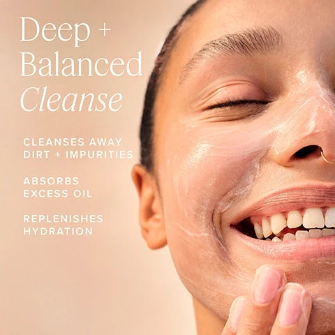 Image 1 - A person is smiling while applying a cleanser on their face, with visible text stating Deep + Balanced Cleanse, Cleanses away dirt + impurities, Absorbs excess oil, and Replenishes hydration.
Image 2 - A green tube of Farmacy Green Clean Whipped Foaming Cleanser is surrounded by green leaves and bubbles, with visible text stating MAINTAIN SKIN HYDRATION WITH HUMECTANTS, ABSORB EXCESS OIL WITH GREEN CLAY, and PURIFY + REFRESH WITH MORINGA OIL.
Image 3 - The image shows two green tubes of Farmacy Green Clean cleanser against contrasting backgrounds of green and beige textures; the left side describes the product for normal to oily skin with benefits of purifying and refining pores, while the right side describes the product for normal to dry skin, highlighting its hydrating properties, both featuring product sizes of 150 ml.