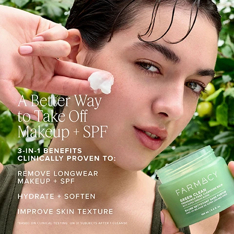 Image 1 - A close-up of a young woman with clear skin applying a cream to her face, next to a jar of green skincare product with the text A Better Way to Take Off Makeup + SPF 3-IN-1 BENEFITS CLINICALLY PROVEN TO: REMOVE LONGWEAR MAKEUP + SPF HYDRATE + SOFTEN IMPROVE SKIN TEXTURE.
Image 2 - Image of a halved papaya alongside green leaves and plants, with visible text stating NOURISH WITH SUNFLOWER OIL, CLEANSE WITH PAPAYA EXTRACT, and ANTIOXIDANT-RICH WITH SUPER GREENS BLEND.
Image 3 - Image shows a skincare regime called Your Hydrating Cleanse Ritual featuring five products arranged in a visually appealing layout, including a green tube marked FIRST CLEANSE, a jar labeled HONEY MAJO, a second green tube marked SECOND CLEANSE, a yellow bottle labeled HONEY MILK, and a red jar labeled NOURISH.