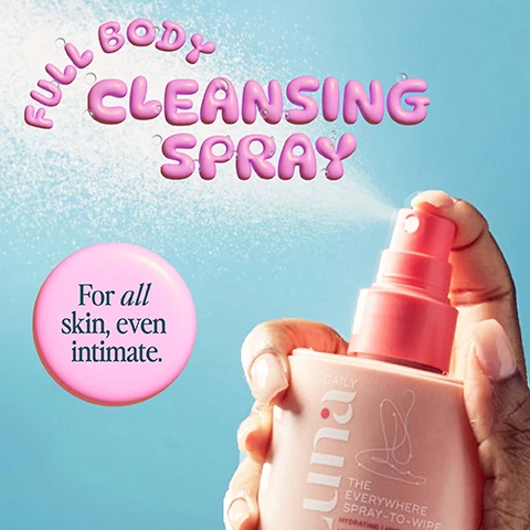 Image 1 - A hand holds a pink cleansing spray bottle, mist is being sprayed from the nozzle, and the image includes text that says Full Body Cleansing Spray and For all skin, even intimate.
Image 2 - A pink spray bottle labeled Luna Daily The Everywhere Spray-To-Wipe Hydrating Fresh Cotton is shown with six surrounding purple circles that list different uses: On the go, clean up on your period, traveling, post workout, hydrate dry skin, hot flashes, pre or post sex, and reduce redness, plus additional text indicating to use on armpits, between legs, lower back, under boobs.
Image 3 - A hand holding a pink spray bottle is shown applying a spray onto skin or toilet tissue, with a visible instruction reading Spray 2-4 pumps onto skin or toilet tissue for an instant eco-conscious wipe, and a badge that says No Rinse.
Image 4 - A close-up of a pink bottle labeled Luna Daily with a spray nozzle, showing the text THE EVERYWHERE SPRAY-TO-WIPE HYDRATING FRESH COTTON 80ml e 2.7 fl oz net and featuring the phrase Blended with gentle notes of fresh cotton in the background.
Image 5 - Image comparing single-use wipes and a spray-to-wipe product, featuring a hand holding a wipe on the left with text stating irritate skin, non-biodegradable, artificial & synthetic, and a spray bottle on the right with text stating developed with OBGYNS + dermatologists, eco-friendly, vegan + natural, and an icon indicating 250 wipes.