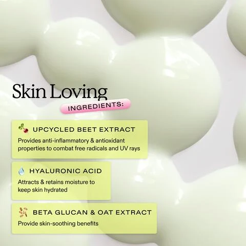 Image 1 - Image 1 - Image features a light green background with glossy, rounded shapes, and text that reads Skin Loving at the top and INGREDIENTS: below it. Three ingredients are listed: UPCYCLED BEET EXTRACT provides anti-inflammatory & antioxidant properties to combat free radicals and UV rays, HYALURONIC ACID attracts & retains moisture to keep skin hydrated, and BETA GLUCAN & OAT EXTRACT provide skin-soothing benefits.
Image 2 - A tube of sunscreen labeled Beet The Sun with images of a beet and leafy greens is shown against a gradient background, and features text listing benefits: non-oily, lightweight formula; non-irritating and non-sensitizing; sheer/no white cast; and no-pilling.
Image 3 - A smiling woman with dark skin applies a skincare product to her cheek, with visible cream on her face, and the text in the image reads SUITABLE FOR ALL SKIN TYPES Protects Against UVA + UVB Rays.
Image 4 - A close-up of a woman applying a white cream to her cheek, showcasing her colorful manicure and a bright expression, with a speech bubble that reads NO WHITE CAST.
Image 5 - An infographic titled How to Use outlining five steps for a skincare routine: Step 1 - Cleanser (Daily), Step 2 - Exfoliator (2-3x a Week), Step 3 - Serum (Daily Serum or Weekly Treatment), Step 4 - Moisturizer (Daily), Step 5 - Sunscreen (Daily).
Image 6 - An image depicting a sustainability guide for Krave Beautys Beet The Sun sunscreen, featuring the product packaging alongside descriptions of its recyclable materials and options, including text indicating the carton, tube, and cap sustainability details.
